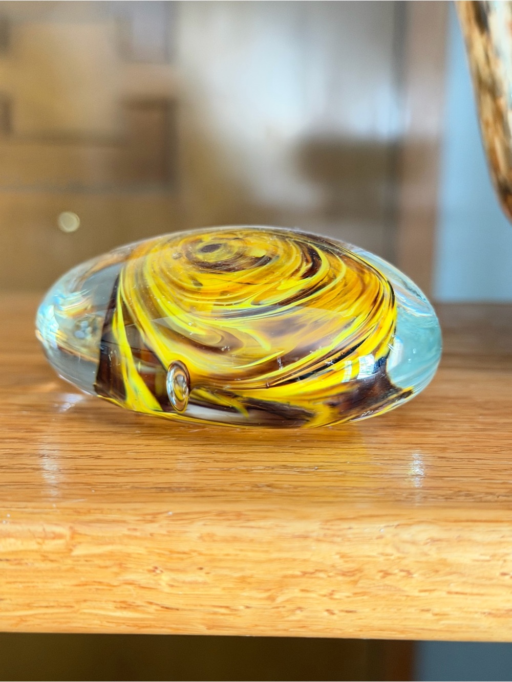 Egermann Hand-Blown Glass Paperweight - Yellow and brown Swirl Home Art